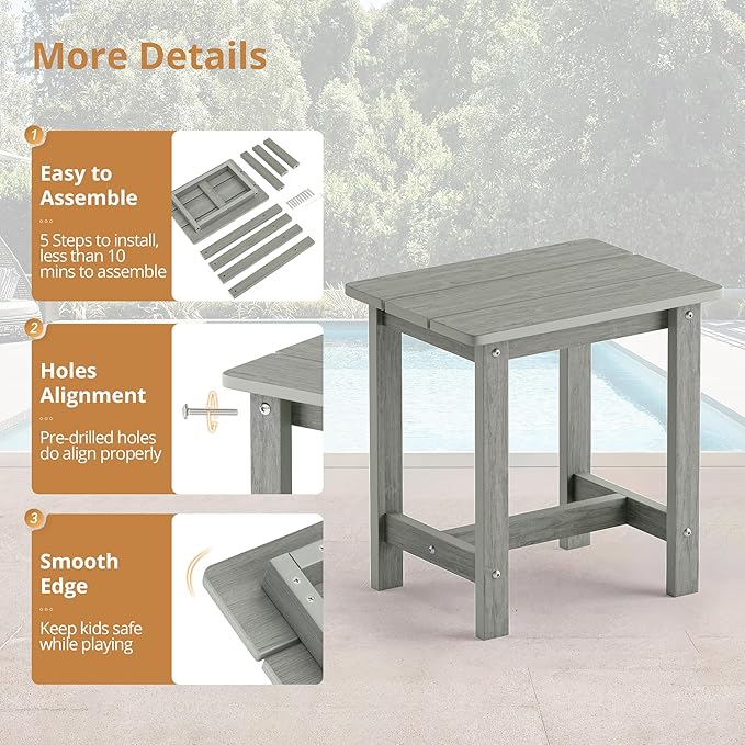 LUE BONA Outdoor Side Table Set of 2, HDPS Small Outdoor Table, Adirondack Side Table, Outside End Table for Patio, Porch, Deck, Pool, Weather Resistant/Easy Maintenance/Indoor or Outdoor Use, Gray