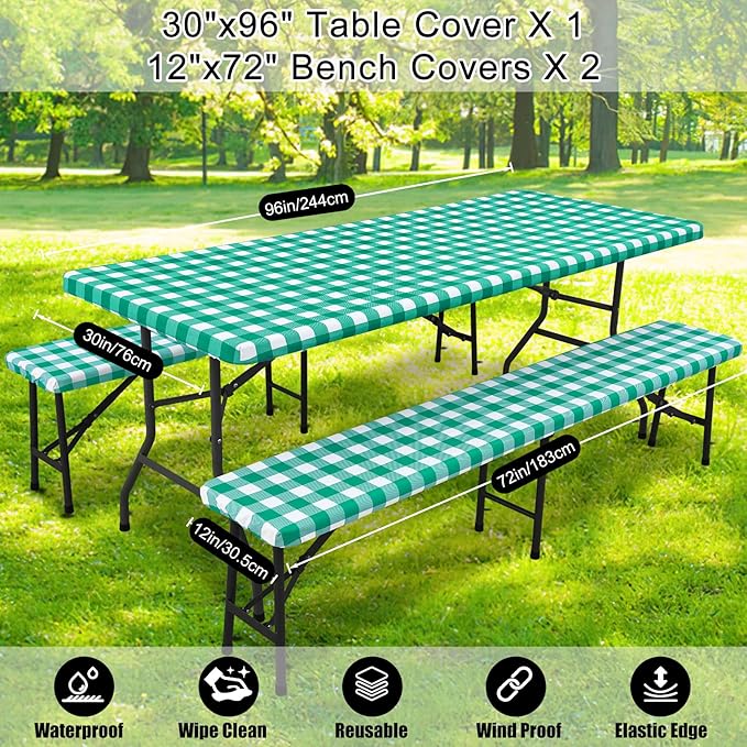Smiry Picnic Table Cover with Bench Covers, Waterproof Elastic Fitted Tablecloths for 8 Foot Rectangle Tables, Washable Buffalo Plaid Tablecloth for Camping, Outdoor (Green & White, 30"x96")