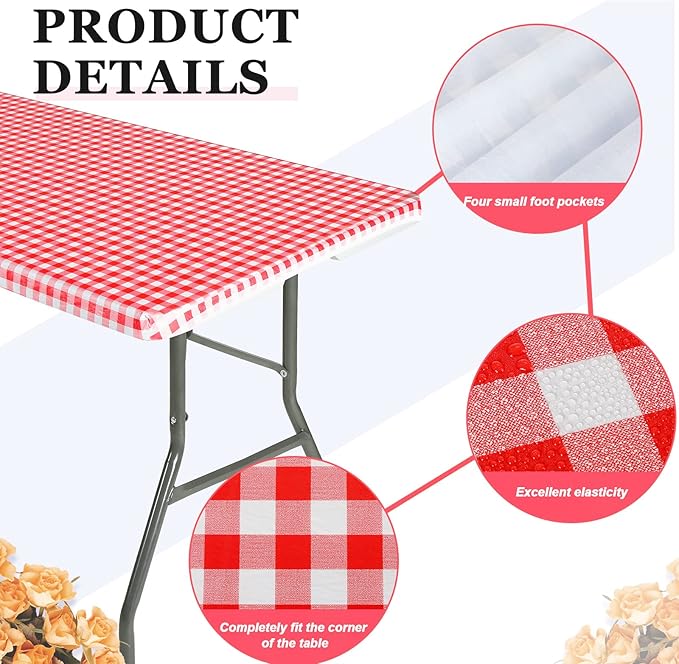 3 Pcs Plastic Picnic Table Cover Checkered Tablecloth Fitted Rectangular Table Cloth 30 x 72 Inch Vinyl Waterproof Flannel Backed with Elastic Rim for Indoor Outdoor Picnic Party