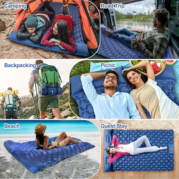 Night Cat Inflatable Double Sleeping Pad Mat Bed with Foot Pump and Double Pillow for Camping Backpacking Hiking Ultra-Light Compact Comfortable 77"x 47"