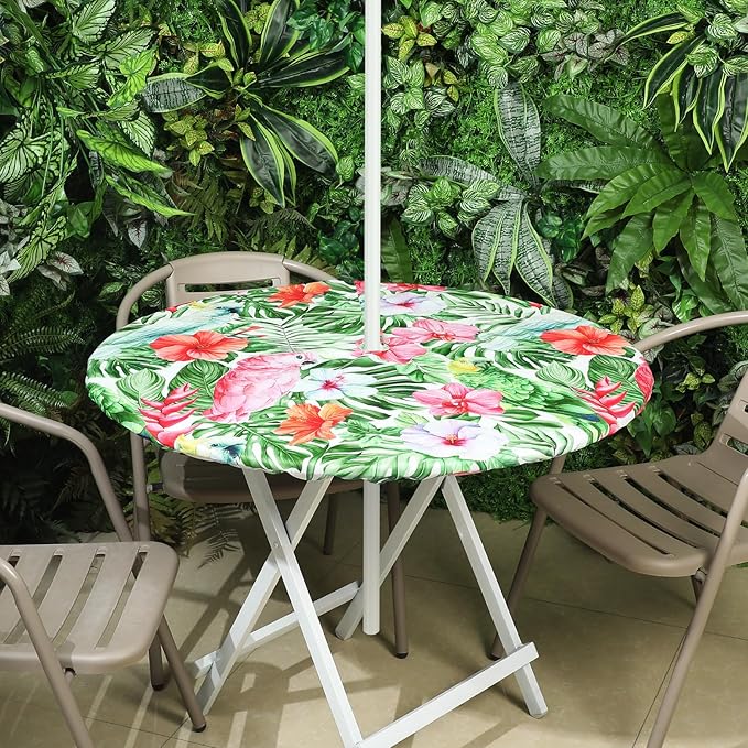 2 Pcs Round Outdoor Tablecloth with Umbrella Hole - Anti-Wrinkle Polyester Tablecloth with Elastic Zipper Table Cover for Summer Patio Camping Party(45''-53'',Hawaii Flamingos)