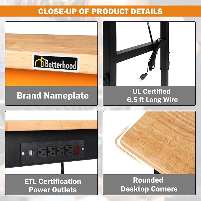 60" Adjustable Workbench for Garage, Rubber Wood Heavy Duty Workstation with Power Outlets & Wheels, 2000 LBS Load Capacity Hardwood Worktable for Workshop, Garage, Office, Home, Commercial