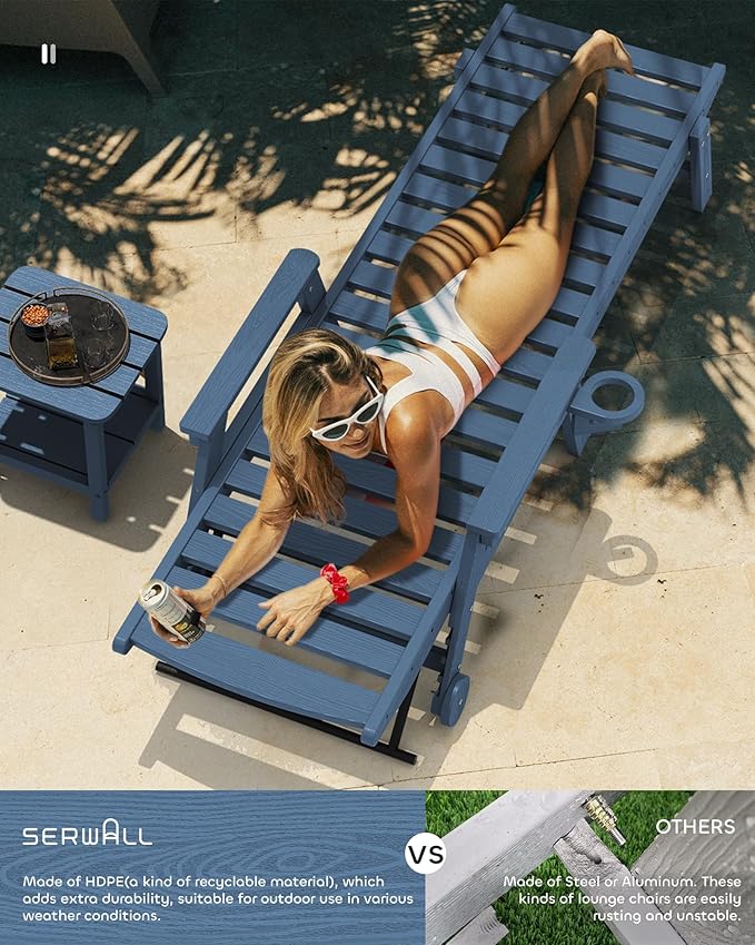 SERWALL Patio Chaise Lounge Chair Set of 6, 5 Positions Adjustable Poly Outdoor Lounge Chair for Pool, HDPE Lounge Chair with Rolling Wheels & Cup Holder for Poolside, Deck, Blue