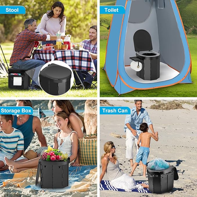 Portable Camping Toilet with PU Cushion, Folding Toilet for Adults with Phone Shelf and Toilet Paper Holder, Camping Porta Potty with Lid for Camping, Hiking, RV Travel, Road Trips