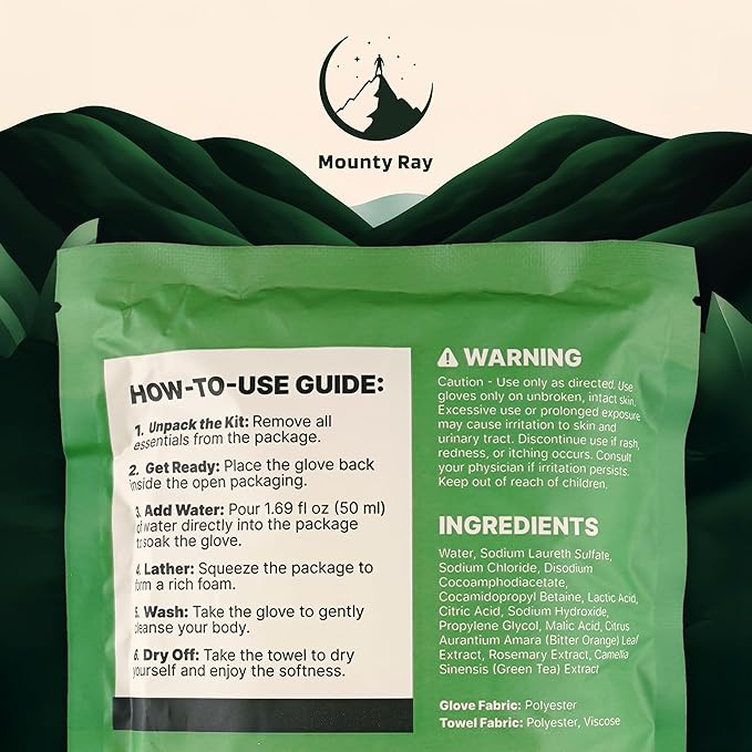 Personal Rinse Free Bath Sponge Kits (Pre-Soaked Shower Glove & 2 XL Towels) -3-Pack - Body Wash for Camping - Rinse-Free Bath Sponges - Water is Not Included