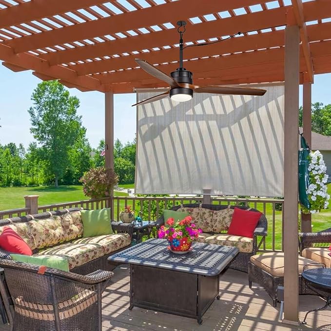 EKIZNSN 42“ Wet Rated Ceiling Fans with Lights Outdoor Hanging for Gazebo Waterproof, DC Motor w 3 Reversible Walnut Wood Blades, Walnut