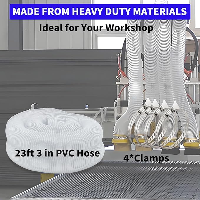 JUYO VONSAN 3 inch Dust Collection Hose 23ft Heavy Duty Flexible PVC Dust Collector Hose With Clamps (PVC, 3IN-23FT)