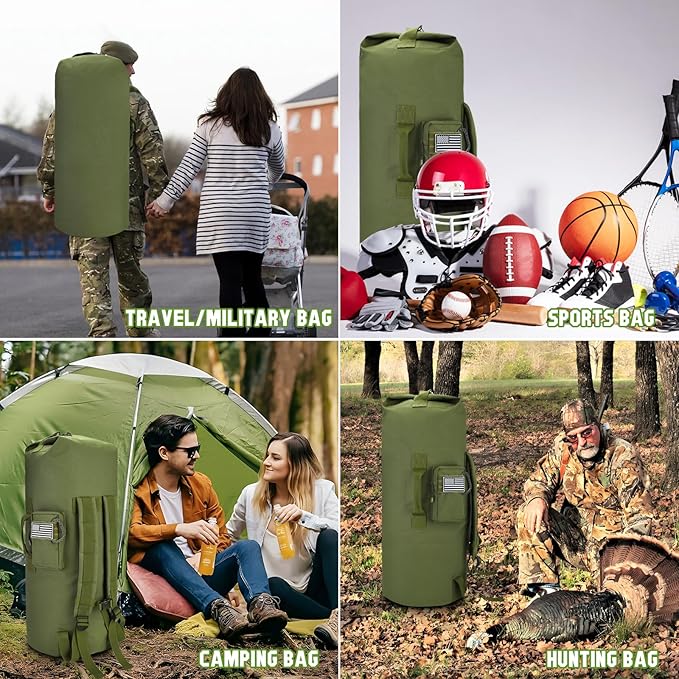 MOZETO Military Duffle Bag, 110L Extra Large Sea Bag with Backpack Straps Heavy Duty Army Duffle Bag for Camp, College Dorm or Laundry Bag