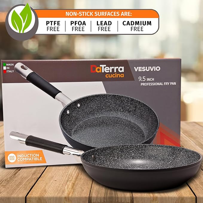 DaTerra Cucina - 9.5" Nonstick Ceramic Frying Pan - Made in Italy - Oven & Induction Safe - High Heat Resistant Nonstick Cookware - Dishwasher Safe - Volcanic Black Speckled