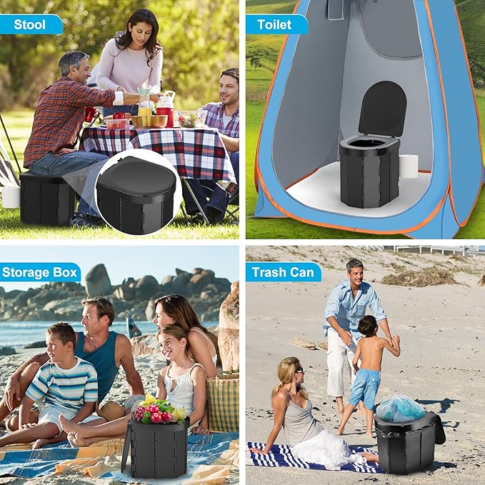 Portable Camping Toilet with PU Cushion, Folding Porta Potty for Adults with Lid and Toilet Paper Holder, Waterproof Camping Toilet with Lid for Camping, Hiking, RV Travel, Road Trips
