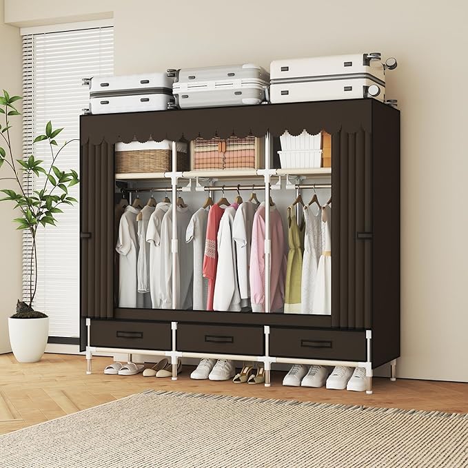 Portable Wardrobe Closet Durable and Easy to Assemble Heavy Duty Clothes Rack with Non-Woven Cover Fabric Best for Bedroom and Easy Storage and Organization (Brown-A)