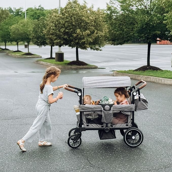 Wagon Stroller for 2 Kids, Foldable Kids Wagon Cart Featuring with Harnesses, Adjustable Double Push Handle, Removable Canopy, Snack Tray, Large Storage Bag, Gray