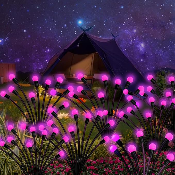 Kohlrabi Solar Garden Lights Outdoor, 4 Pack 40 LED Solar Pink Firefly Lights Waterproof, Starburst Wind Swaying Light for Outside Yard Patio Planter Flower Bed Walkway Christmas Decoration