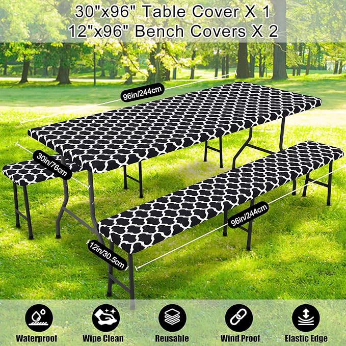 Smiry Picnic Table Cover with Bench Covers, Waterproof Elastic Fitted Tablecloth for 8 Foot Tables, Washable Polyester Tablecloths for Camping, Indoor & Outdoor (Black Morocco, 30x96 Inch 3-pc Set)