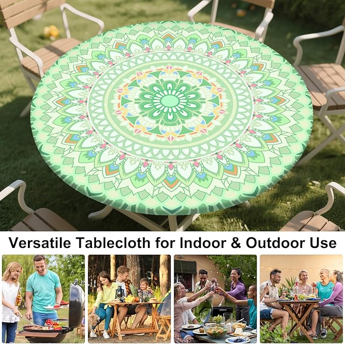Round Tablecloth Fitted Elastic Table Cover Waterproof Table Cloth for Dinner, Party, Picnic,Camping, Round Table Cover for Indoor Outdoor