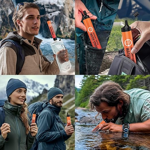 Water Filter Straw, Personal Water Filtration System, Water Purifier, Outdoor Emergency Survival Gear and Equipment for Hiking Camping Accessories Travel Fishing Emergency Preparedness (4PCS)