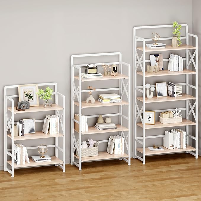 No Assembly Folding Bookshelf, 5 Tiers Vintage Wood Collapsible Book Shelf for Storage,Industrial Metal Foldable Bookcase Organizer for Living Room Bedroom Home Office (Beige)