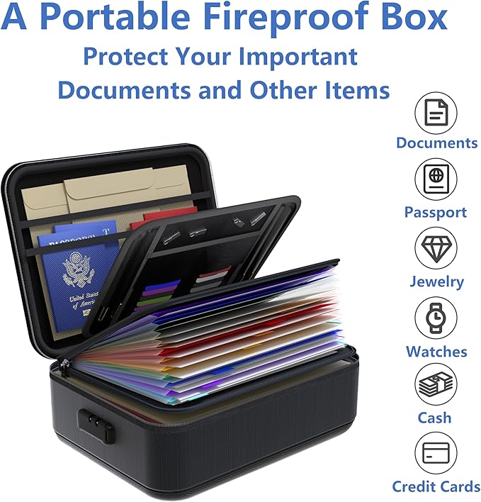 TIGERKING Fire Proof Document Safe Box with Lock and Handle – Fireproof Document Box Organizer with Hard Shell, Portable Fireproof Safe for Home Documents, Certificates, Laptop, and File Storage-Black