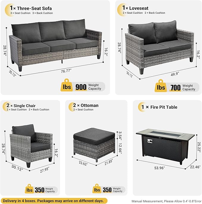 ovios 7 Pieces Patio Furniture Set with 54" Fire Pit Table, Outdoor Wicker Sofa with Comfy Cushions, All Weather High Back Rattan Couch Conversation Set, Black