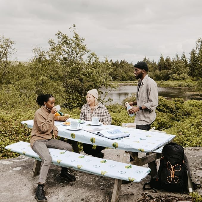 Picnic Table Cover and Bench Covers, Fitted Tablecloth Cover with Elastic Edge, Water and Oil Proof, for Outdoor, Garden, Camping, 72x28 Inch, 3 Pieces Set, Blue & White, Camping Cartoon