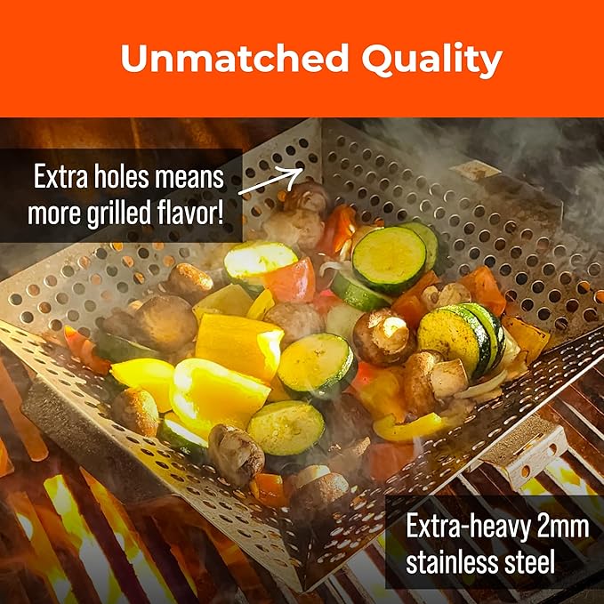 Heavy-Duty Stainless Steel Grill Basket – 12" x 13.75" BBQ Basket with Removable Handle – Large Grilling Basket for Vegetables, Fish & Meat – Includes 4 Bonus Scrub Sponges