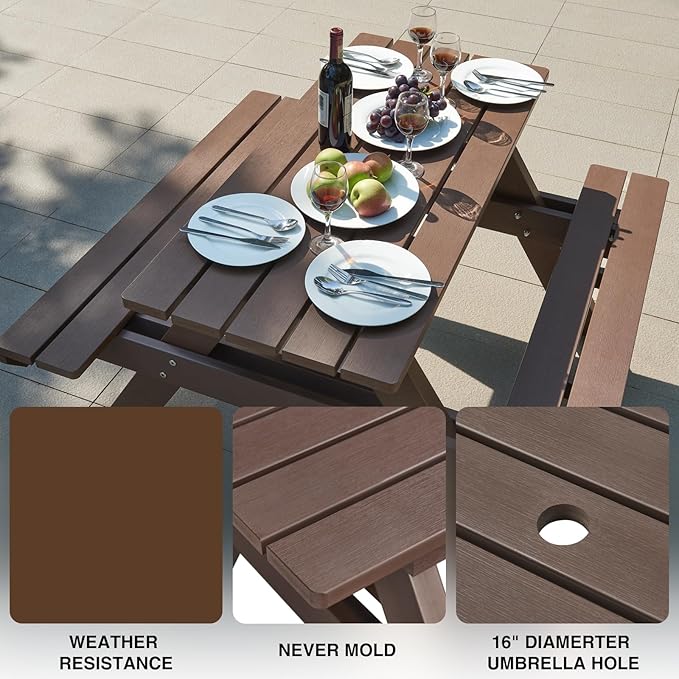 Psilvam Picnic Table - Heavy Duty Poly Lumber with Umbrella Hole & Integrated Benches, 100% Waterproof All-Weather for Patio, Garden (Brown)