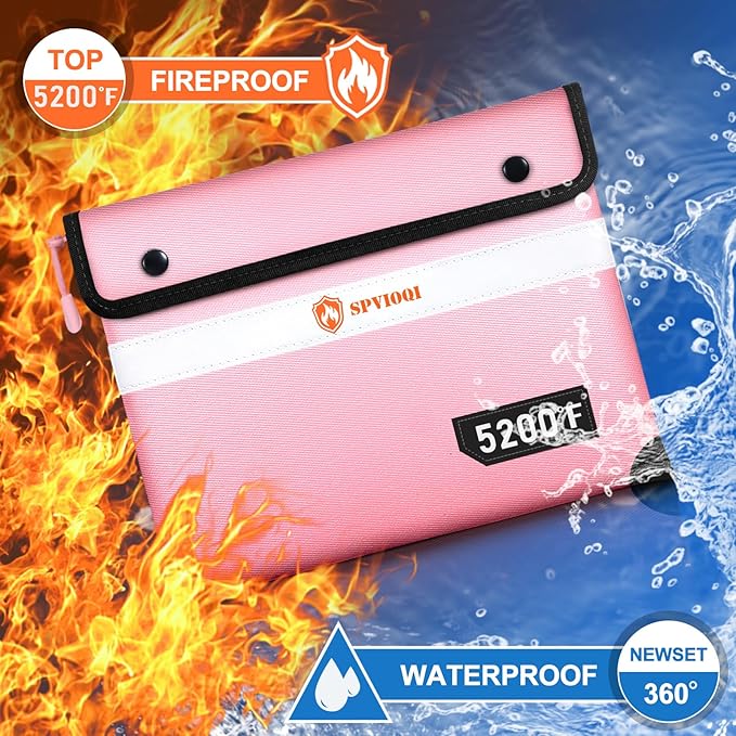 Upgraded Fireproof Document Bag 5200°F - with Heat Insulated, Fireproof Bag with Zipper/Reflective Strip, 9 Layers of Functional Materials, Fireproof Money Bag for Cash/Documents, Water Resistant Pink