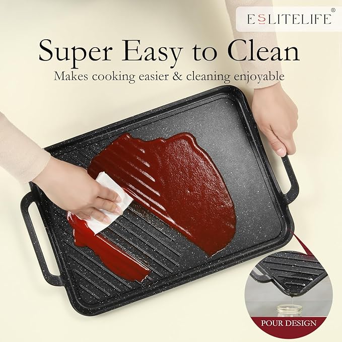 ESLITE LIFE 11" x 17" Nonstick Grill Pan for Indoor Cooking & Outdoor Grilling, Versatile 2-In-1 Induction Large Steak Pan for Stove Tops, PFOA Free, Black