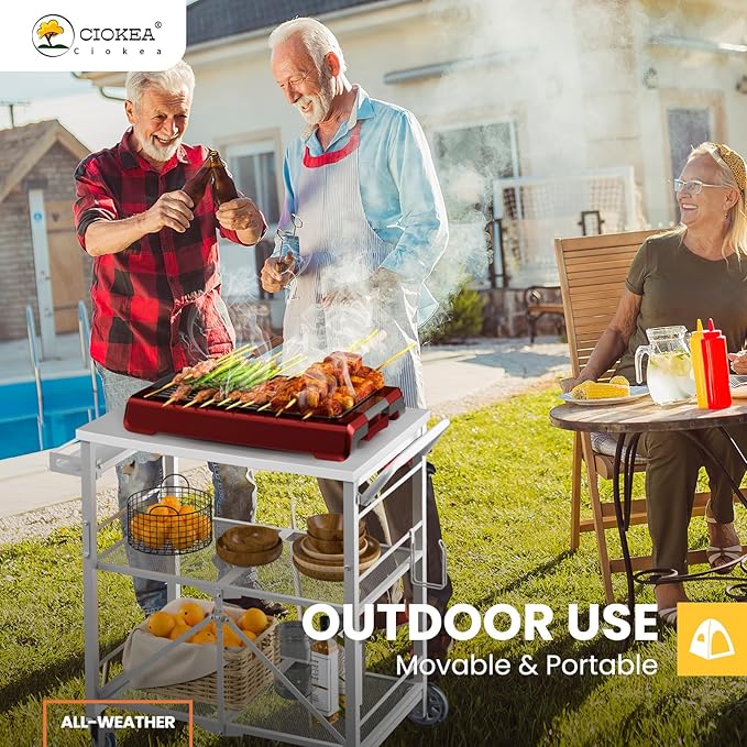 Folding Grill Cart, Metal Pizza Oven Stand Table with 2 Total Lock Casters,3 Shelf Foldable Kitchen Island Cart,Stainless Steel Outdoor Rolling Cart with Wheels for Home Party, Bar, Camping(White)