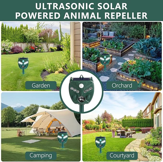 Solar Ultrasonic Animal Repellent Outdoor - NAVISOVL - Cat, Squirrel, Deer Repeller, Motion Sensor&Flashing Light, Repel Dogs,Boar,Deer,Fox,Raccoon,Skunk,Rabbit,Bird Deterrent for Yard&Farmland