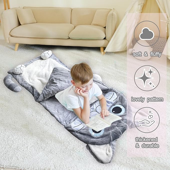 Kid Sleeping Bag with Pillow - Larger Toddler Nap Mat - Plush Slumber Bag for Boys Girls Daycare Preschool Kindergarten Birthday Gift Travel Sleepover Ages 3-12 Years