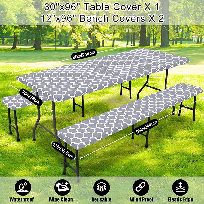 Smiry Picnic Table Cover with Bench Covers, Waterproof Elastic Fitted Tablecloth for 8 Foot Tables, Washable Polyester Tablecloths for Camping, Indoor & Outdoor (Grey Morocco, 30x96 Inch 3-pc Set)