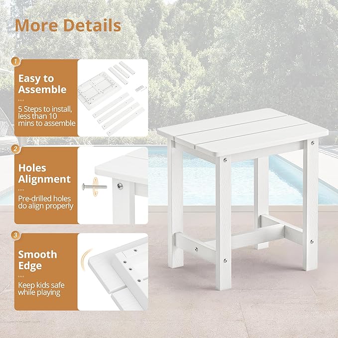 LUE BONA Outdoor Side Table, HDPS Small Outdoor Adirondack Side Tables, Outside End Table for Patio, Porch, Deck, Weather Resistant/Easy Maintenance, White