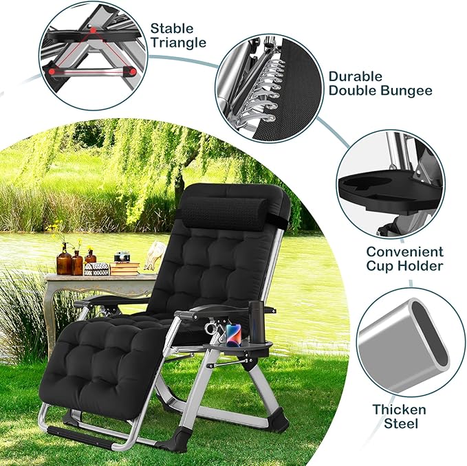 NAIZEA Padded Zero Gravity Chair, Folding Outdoor Lounge Chairs, Adjustable Reclining Camping Chairs with Cup Holder, Ergonomic Patio Lawn Chair for Balcony Beach Deck Yard