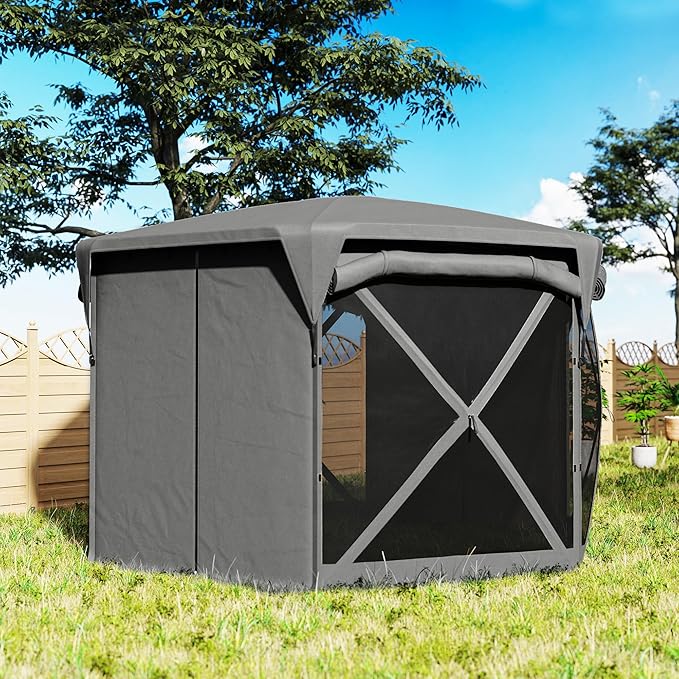 Outsunny Pop Up Gazebo Screen Tent House, 11 x 11ft with UPF30+ Removable Roof Cover, 4 Roll-up Wind Panels and Carry Bag for Camping, Patio, Backyard, Lawn, Dark Gray