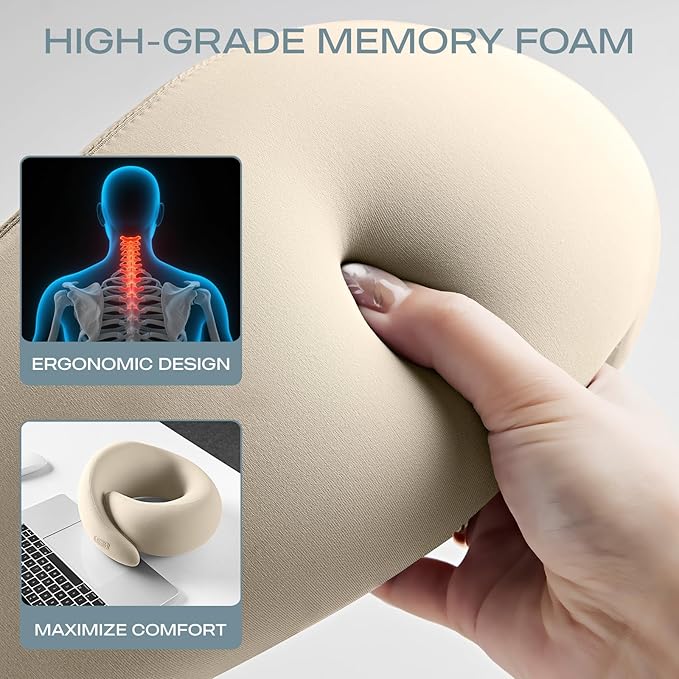 Skechers Memory Foam Travel Pillow,Comfortable & Breathable Airplane Travel Essential, Neck Pillow for Travel, Car Rides, Home, and Office Use, Ergonomic Design for Men and Women,Beige