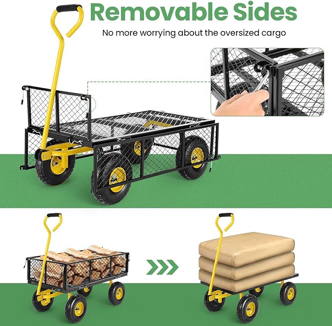 Homdox MAX 880 Lbs Garden Cart, Heavy Duty Foldable Mesh Steel Garden Wagon with 180ยฐ Rotating Handle and 10 Inch Tires, Pullable Yard Cart for Yard Garden Beach Farm, Yellow with Bag