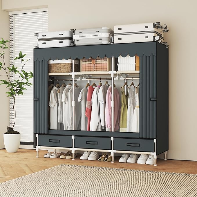 Portable Wardrobe Closet Durable and Easy to Assemble Heavy Duty Clothes Rack with Non-Woven Cover Fabric Best for Bedroom and Easy Storage and Organization (Grey-A)