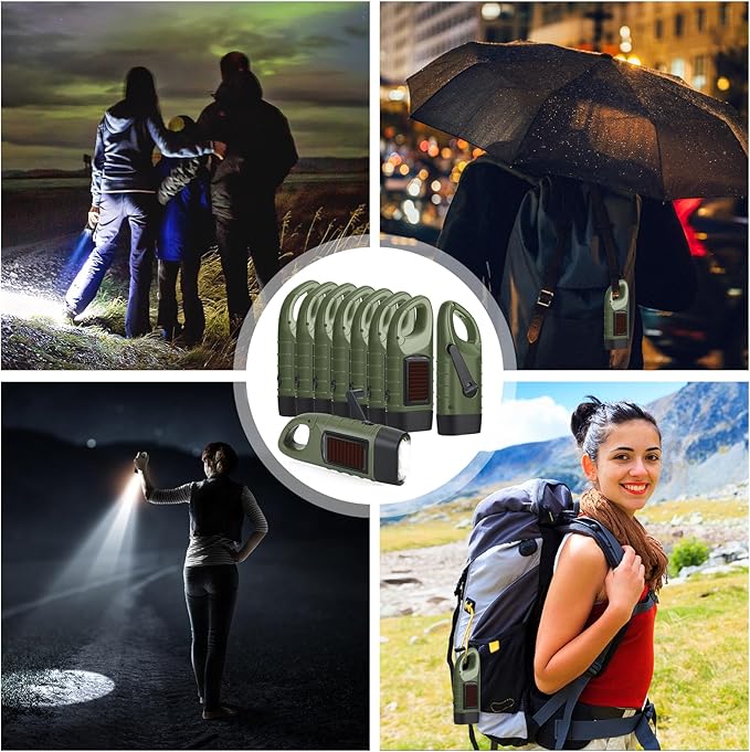 Leelosp 9 Pieces Hand Crank Flashlight Solar Powered Flashlight for Emergencies Dynamo Rechargeable LED Survival Light for Outdoor Sports Hiking Camping (Green)