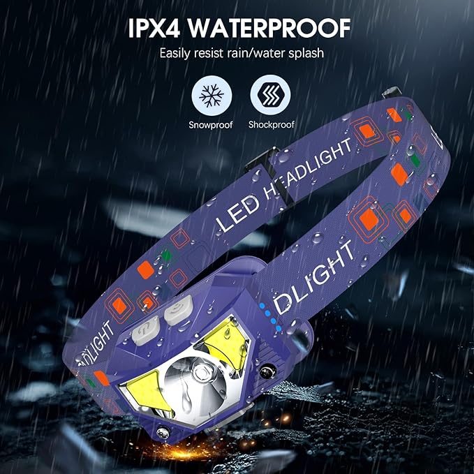 LHKNL Headlamp Flashlight, Lumen Ultra-Bright LED Rechargeable Headlight with White Red Light,2-Pack Waterproof Motion Sensor Head Lamp,8 Modes for Outdoor Camping Running Fishing- Blue