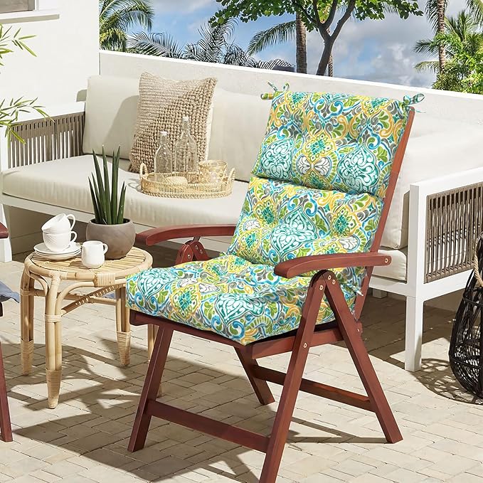 LVTXIII Outdoor Seat/Back Chair Cushion Patio Tufted High Back Cushion, Seasonal Replacement Rocking Chair Cushion with Ties (22” W x 20D”, Set of 2, Damask Green)