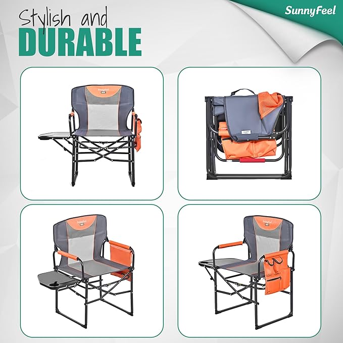 SUNNYFEEL Oversized Camping Directors Chair, Portable Folding Lawn Chairs for Adults Heavy Duty with Side Table,Pocket for Beach, Fishing,Picnic,Concert,Tailgating,Outdoor Foldable Camp Chair