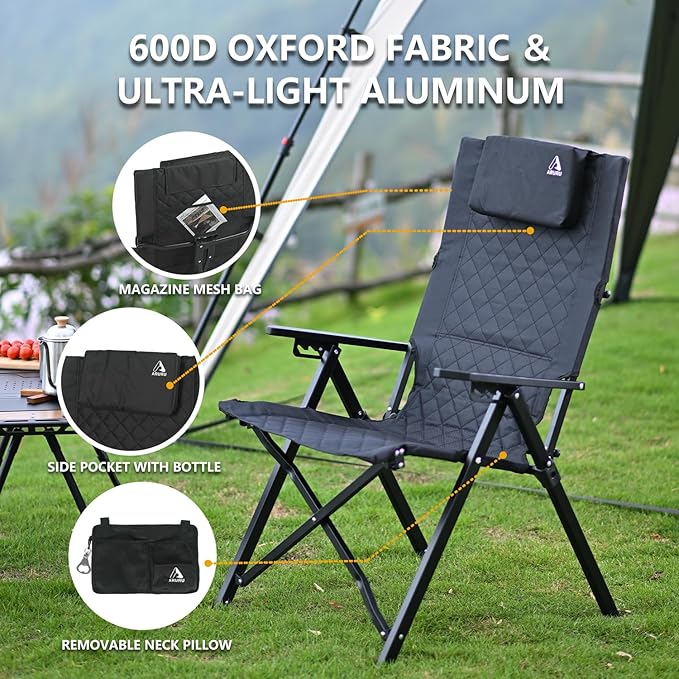 Reclining Camping Chair 2 Pack, Folding Lawn Chairs with 4-Stage Adjustable High Back for Adults Heavy Duty, Compact Foldable Outdoor Patio Recliner Chair with Side Bag (Khaki)