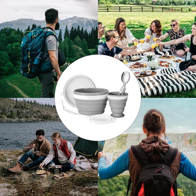 Odoland Camping Collapsible Silicone Cup and Bowl Set for 1 Person, Portable Mess Kit with Spoon and Lid for Adults Backpacking, Family Cookware, Hiking, Picnic, Travel