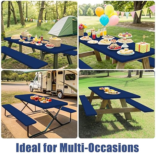 Picnic Table Cover with Bench Covers, Elastic Fitted Spandex Tablecloths for 6 Foot Rectangle Tables, Stretch Washable Patio Tablecloth for Outdoor, Camping (Navy, 30"x72")