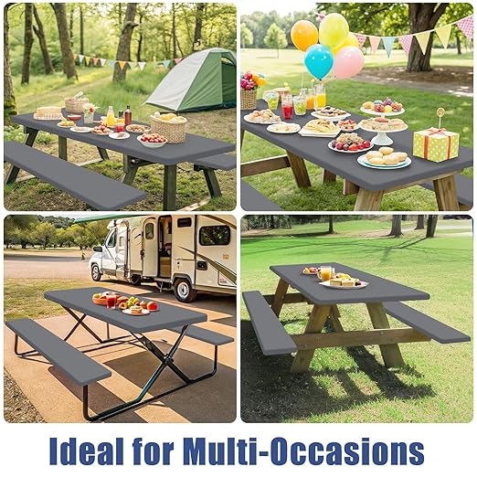 Picnic Table Cover with Bench Covers, Elastic Fitted Spandex Tablecloths for 6 Foot Rectangle Tables, Stretch Washable Patio Tablecloth for Outdoor, Camping (Grey, 30"x72")
