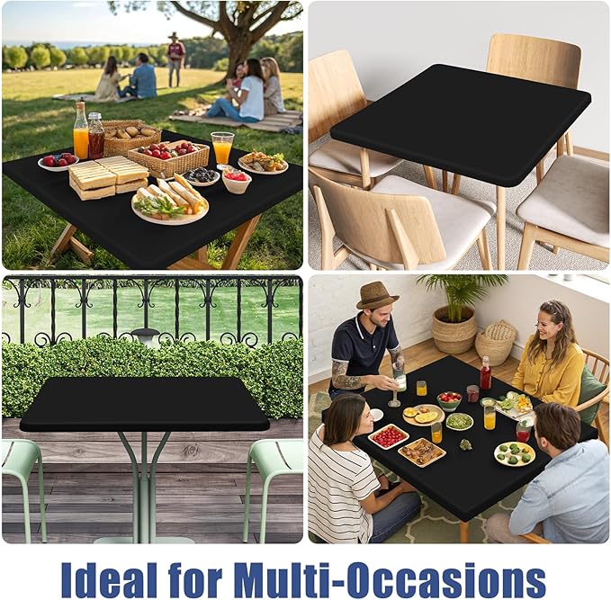Spandex Picnic Table Cloth 2 Pack, Elastic Fitted Tablecloths for Square Tables, Stretch Washable Patio Table Cover for Outdoor, Camping, Banquet and Parties (Black, 34"x34")