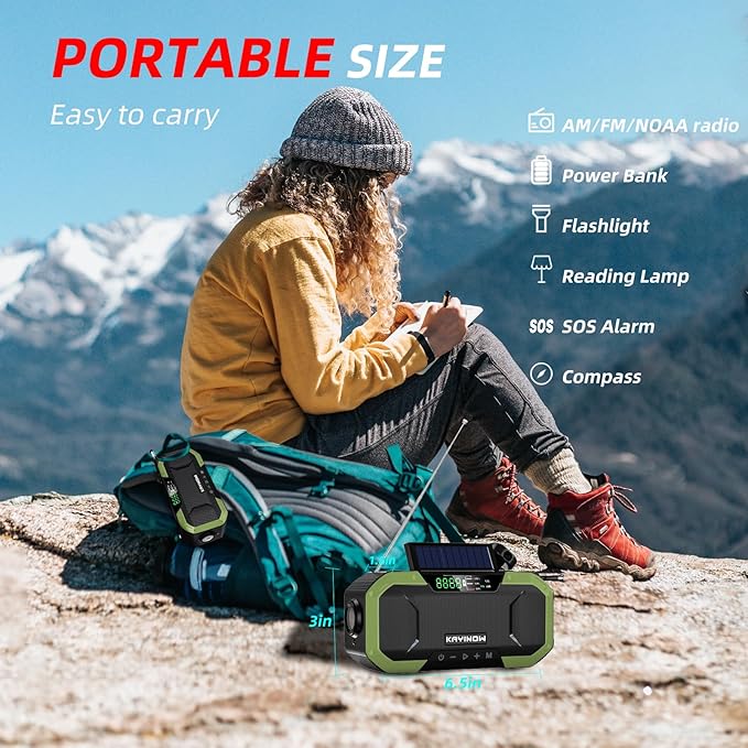 Hand Crank Emergency Radio,Portable AM FM NOAA Weather Radio,Solar Power,Battery Operated,USB Charging Flashlight,Cell Phone Charger,Waterproof,SOS for Camping,Power Outage,Survival Storm