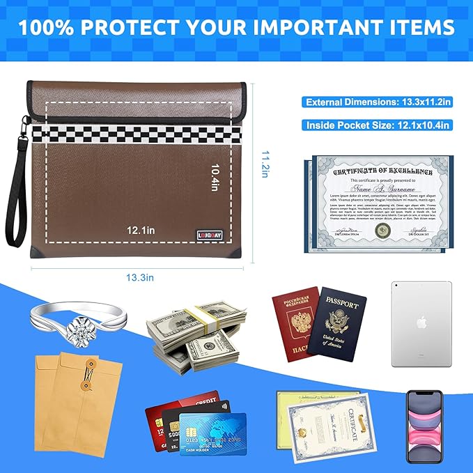 6200°F Fireproof Document Bag with upgrated Fireproof Zipper, Fire Proof Money Bag for Cash with Hand Strap, 9 Layers of Heat Insulated Materials, Water Resistant Fireproof Bag for Documents,Safe Bag