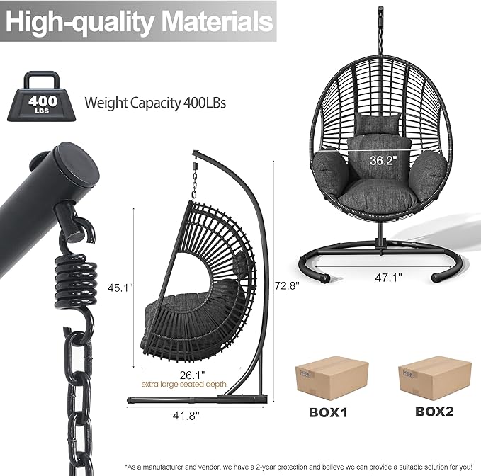 Hanging Egg Chair with Stand - Egg Swing Chair Outdoor Indoor Patio Wicker Chair Swing Hammock Egg Chairs 400lbs Capacity for Outside Patio, Bedroom, Garden and Balcony(Black, 1PC)
